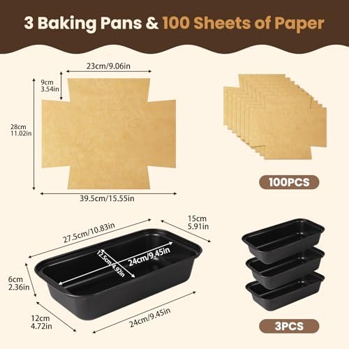 3 Pack Loaf Pan with Liners Set, Carbon Steel Bread Loaf Pan