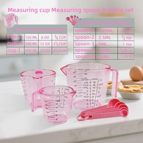 Pink Plastic Measuring cup Measuring spoon Set: 3 Stackable Liquid