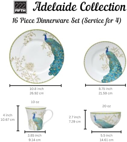 222 Fifth 16-Piece Porcelain Dinnerware Set for 4, Elegant Plates and