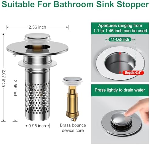 Bathroom Sink Drain Strainer,Universal Pop-Up Sink Stopper Hair
