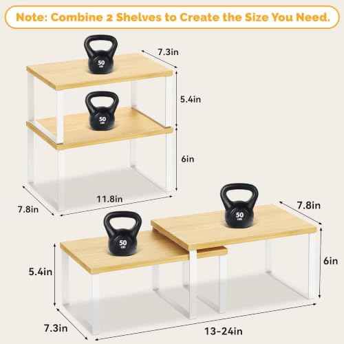 Kitchen Cabinet Organizer Shelf, Set of 4 Wood Kitchen Counter Shelves Riser with Metal Legs, Stackable Expandable Kitchen Storage Spice Rack, Can Cup Dish Organizer, Bamboo