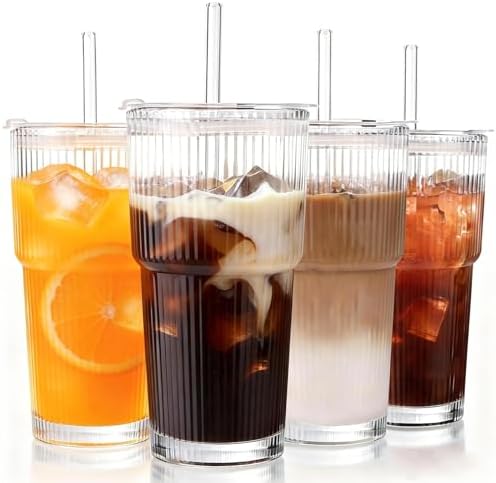 4pcs Ribbed Glass Tumbler with Straw and Lid - 20oz Reusable Iced