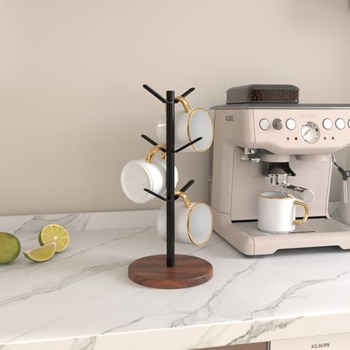Coffee Mug Tree Holder Countertop, Non-Slip Walnut Wood Mug Rack with