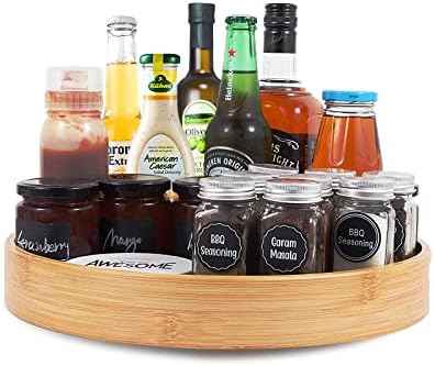Lazy Susan Organizer 14 inch, Bamboo Lazy Susan for Table, Kitchen Turntable Organizer with Double Handles, Round Wood Rotating Turntable Spice Organizer for Countertop Cabinet or Pantry