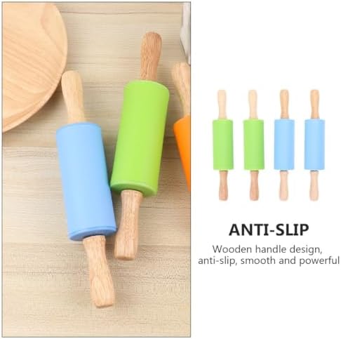 Children's Silicone Rolling Pin Set, 4pcs Wood Baking Tool