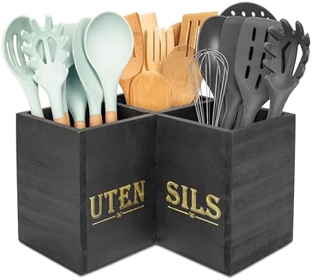 RedCall Kitchen Utensils Holder,Extra Large 3 Compartments Corner Utensil Caddy for Countertop,Wooden Farmhouse Utensil Organizer
