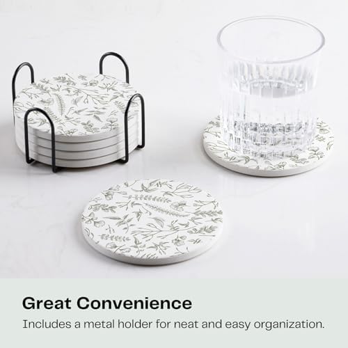 Set of 6 Floral Sage and White Coasters with Holder, Absorbent Ceramic