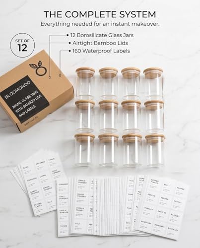 Bloomondo Glass Spice Jars with Label Pack (12x Bamboo Lid Glass Jar)