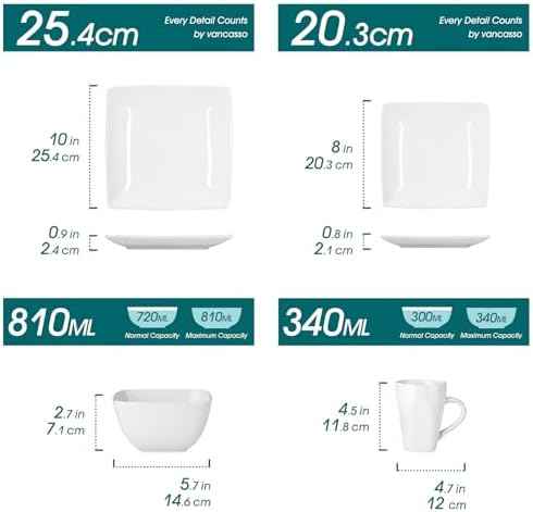 vancasso Soho Dinnerware Sets 24 Pieces, White Stoneware Square Place Setting, Dinner Plate, Dessert Plate, Cups and Plates Sets for Kitchen, Dish Set for 6, White