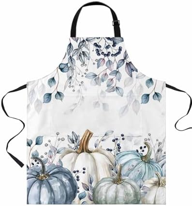 Blue White Pumpkins Fall Kitchen Aprons with Pockets Waterproof, Maple
