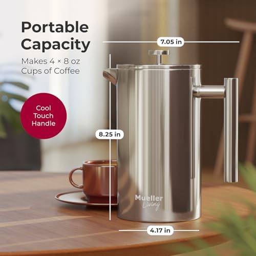 MuellerLiving 34oz Stainless Steel French Press Coffee Maker
