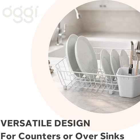 Oggi Compact Dish Drying Rack - White Metal Dish Drainer Rack, Drying Rack Kitchen, Dish Rack, Dish Racks for Kitchen Counter, Durable Coated Metal Kitchen Drying Rack with Cutlery Holder