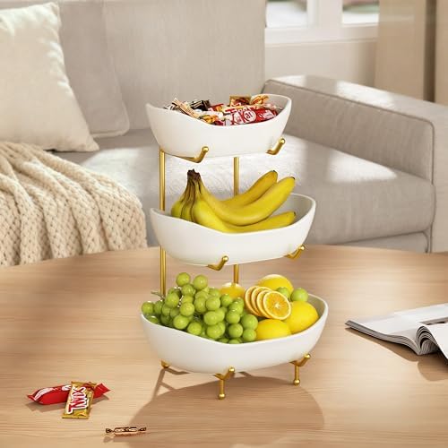 Ceramic 3 Tier Fruit Bowl, Fruit Basket for Kitchen Counter, Gold