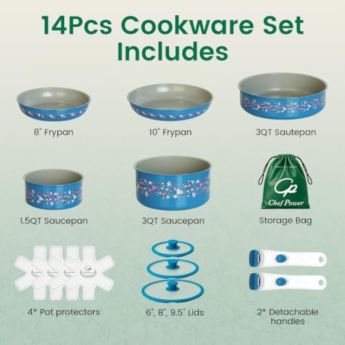 Chef Power Ceramic Cookware Set Non Toxic with Detachable Handles, Healthy Nonstick Decal Pans and Pots Set 14 Pcs, Induction Dishwasher Oven Safe Kitchen Set, Turquoise with Bougainvillea