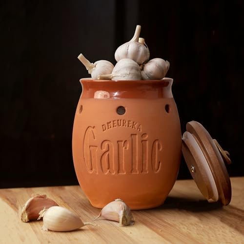 Garlic Keeper with Wooden Lid, 19 oz Clay Garlic Storage Container to