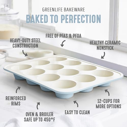 GreenLife 12 Cup Ceramic Nonstick Muffin Pan, Blue Haze