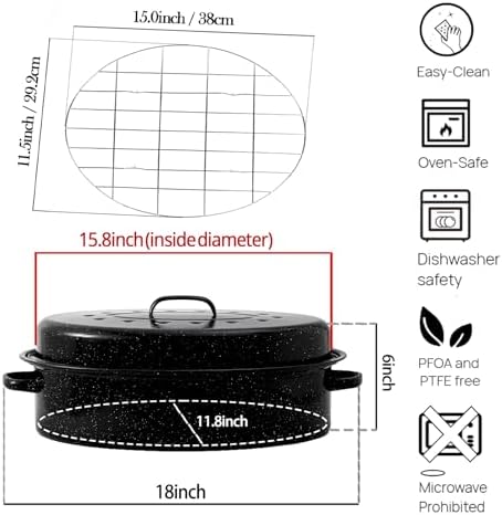 18" Large Oval Roasting Pan Set with Lid and Rack,Ideal for
