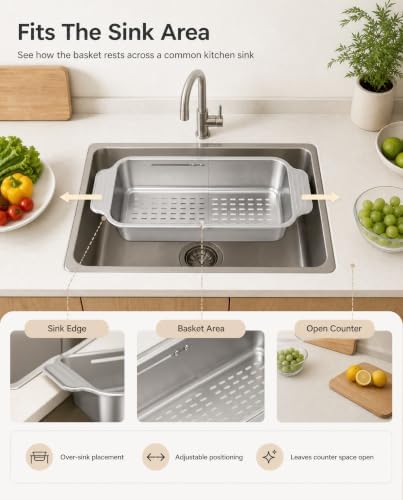 Extendable Over Sink Basket, 304 Stainless Steel Colander