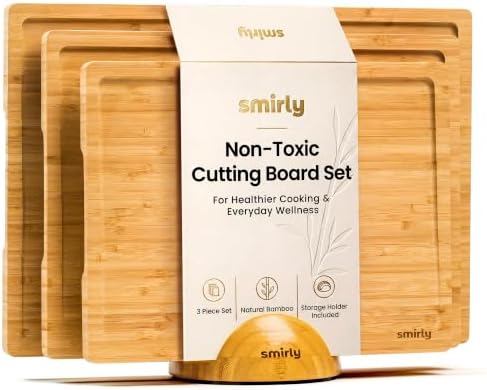 SMIRLY Cutting Boards for Kitchen, 3 Piece Bamboo Cutting Board with Stand