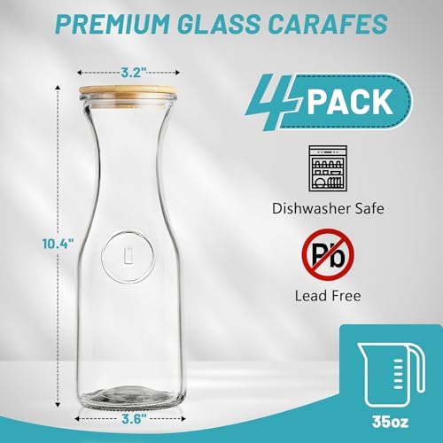 Glass Carafe with Bamboo Lid, Round 35 Oz Beverage Dispensers Carafe