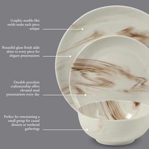 Gibson Home Cloudlight 12 Piece Plates and Bowls Dishes Brown and