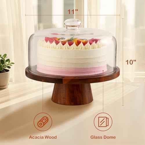 Acacia Wood Cake Stand with Glass Lid–12" Magnetic Base for