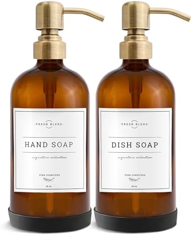 Vine Creations Amber Glass Soap Dispenser Set, 2 Pack