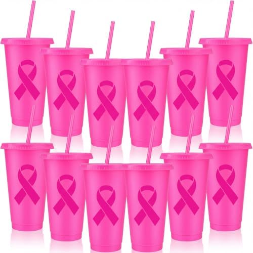 12 Pcs Breast Cancer Awareness Tumblers with Lids and Straws 24 oz