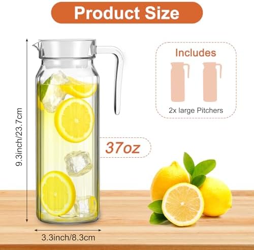 2 Pcs Plastic Pitcher with Lid, 37 oz Clear Acrylic Pitcher