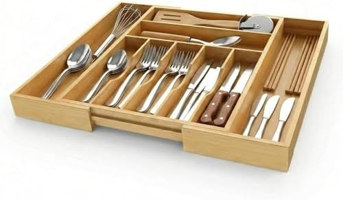 Expandable Bamboo Silverware Drawer Organizer, 20" Wide, 9