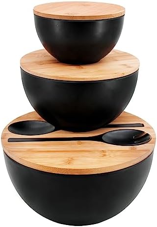 ECOWAY Salad Bowls Set of 3 with Lid & Serving Utensils, Bamboo Fiber Mixing Bowls Set Large Serving Bowls & Storage Set with Bamboo Lid for Salad, Kitchen Eating, Pasta, Popcorn, Chips, Fruit, Black