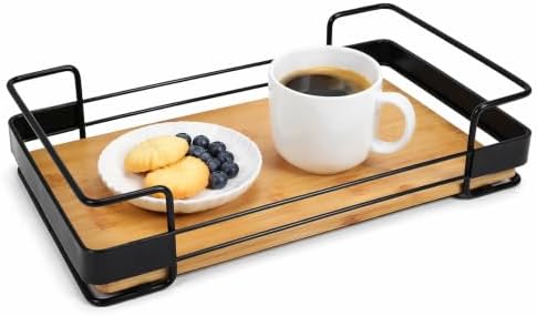 14.17" x 8.66" Rectangular Bamboo Serving Tray with Black Metal
