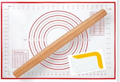 3-Piece Set,French Wooden Rolling Pin,Silicone Baking Mat,Dough