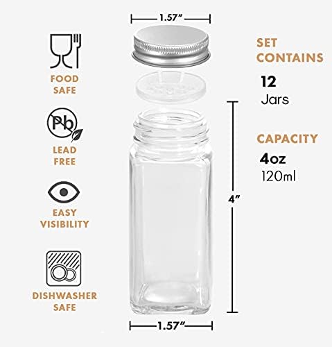 ROYALHOUSE 12 Pcs Glass Spice Jars/Bottles - 4oz Empty Square Spice