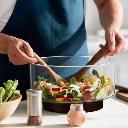 FoldTier Large Glass Salad Bowl Set, Party Salad Bowl with Acacia Wood