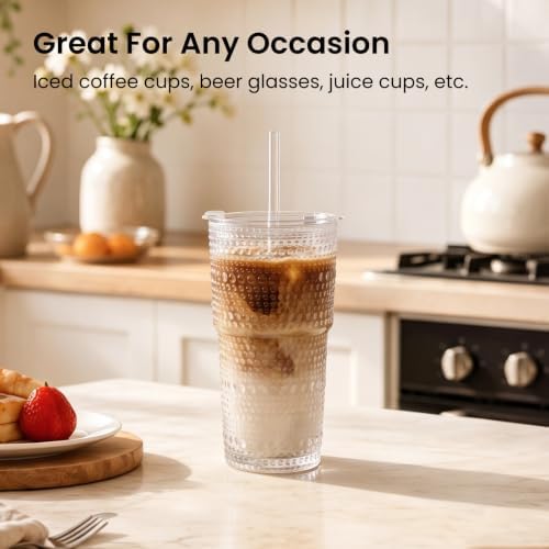 INSETLAN 20 oz Hobnail Glass Cups with Lids and Glass Straws