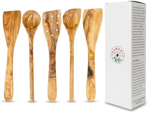 Tramanto Olive Wood Utensil Set - 5 Piece Spatula and Spoon Wooden