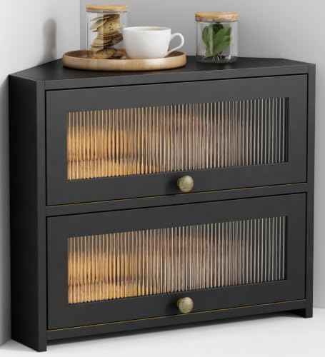 Goozii Corner Bread Box for Kitchen Countertop, Double Layer Large Breadbox for Counter Top, 2 Tier Roll Up Vintage Farmhouse Homemade Bread Storage Container Holder Keeper for Cabinet (Black)