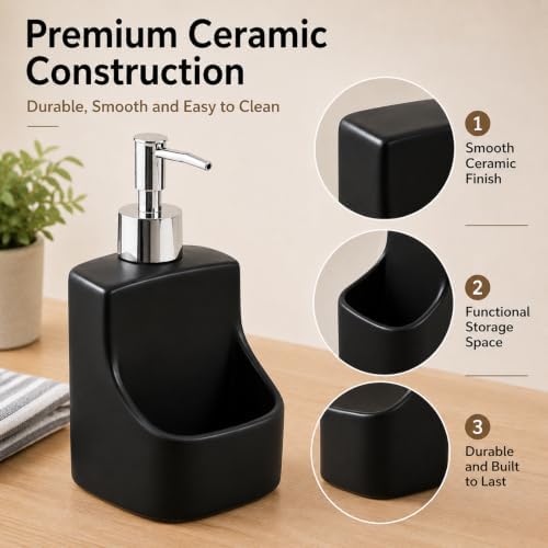 2 in 1 Soap Dispenser with Sponge Holder, Ceramic, Black