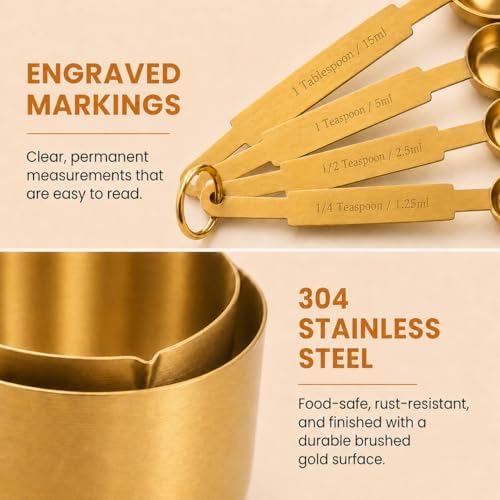 Gold Measuring Cups and Spoons Set, 8 Piece Stainless Steel Measuring