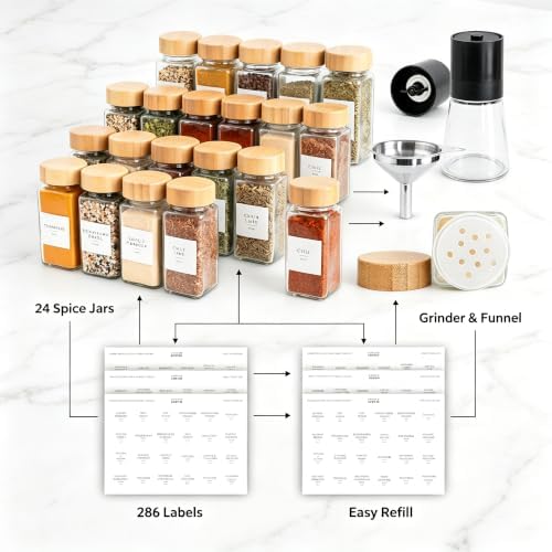 Glass Spice Jars with Label, 24Pk Bamboo Jar Spices Set 4Oz