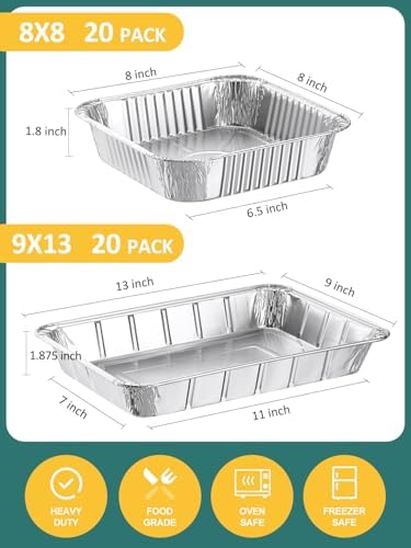 NEEBAKE 40 Pack Disposable Aluminum Pans Combo Set - 20 Large 9x13