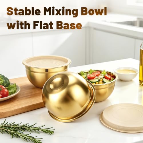 Beasea Stainless Steel Mixing Bowls with Lids, 1.5 QT, 5 Pack, Gold