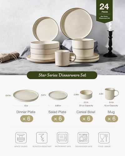 Famiware Dinnerware Set with Mugs, Creamic Plates and Bowls, Dishes for 6