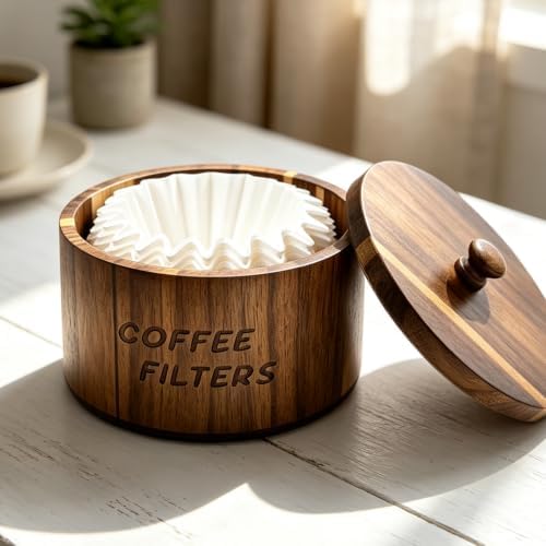 Acacia Wood Coffee Filter Holder, Wooden Storage Container with Lid