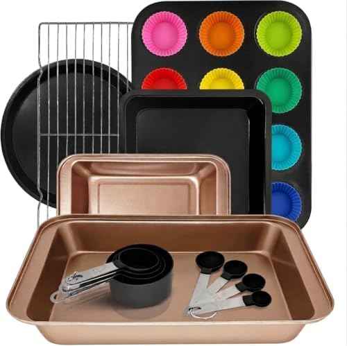26pcs Nonstick Baking Pans Set Carbon Steel, Muffin Pan with Silicone Cups, Cooling Rack, Round & Square Cake Pans, Measuring Cups & Spoons, Bakeware Sets for Beginners, Renters & Home Bakers