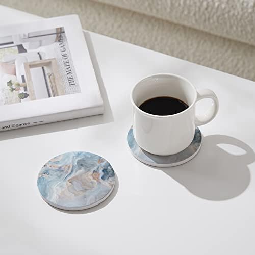 Set of 6 Abstract Blue Marble Coasters with Holder, Absorbent Ceramic