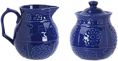CHOOLD Blue Embossed Ceramic Sugar and Creamer Set with Lid Spoon