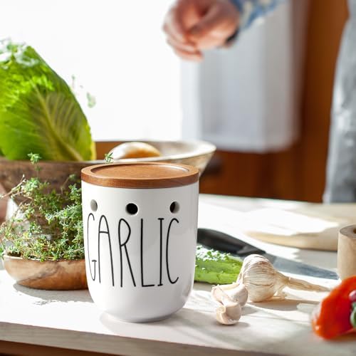 Ceramic Garlic Keeper for Counter, Large Garlic Holder with Acacia