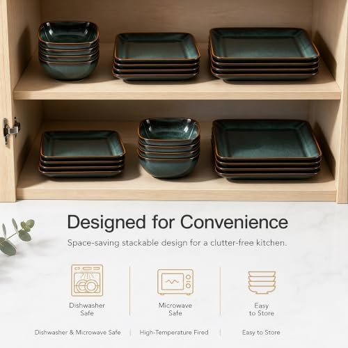 E-far 12-Piece Square Stoneware Dinnerware Sets for 4, Reactive Green